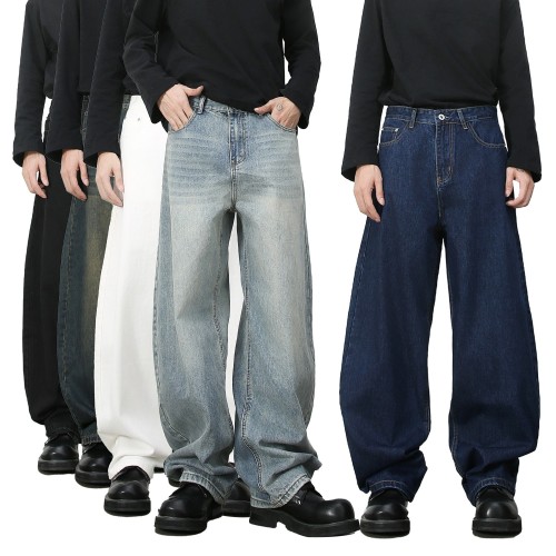 Vintage Oversized Washed Curved Blade Denim Pants for Men -