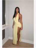 Sexy Deep V-Neck Halter Backless Slit Solid Color Floor-Length Dress