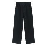 Loose-Fit Half Elastic Waist Straight-Leg Denim Pants