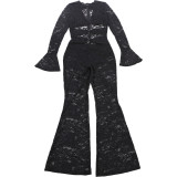 Fashionable Metal Buckle Lace Hollow Sexy Flared Jumpsuit
