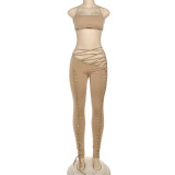 Fashionable Sexy Tie-Up Crop Top and Street Style Strap Pants Two-Piece Set