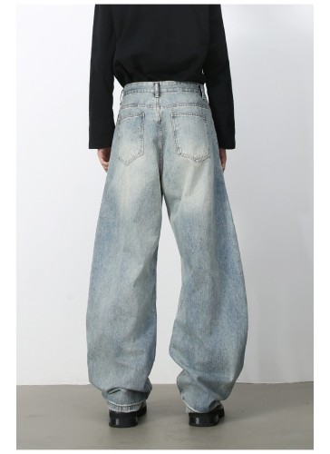 Vintage Oversized Washed Curved Blade Denim Pants for Men -