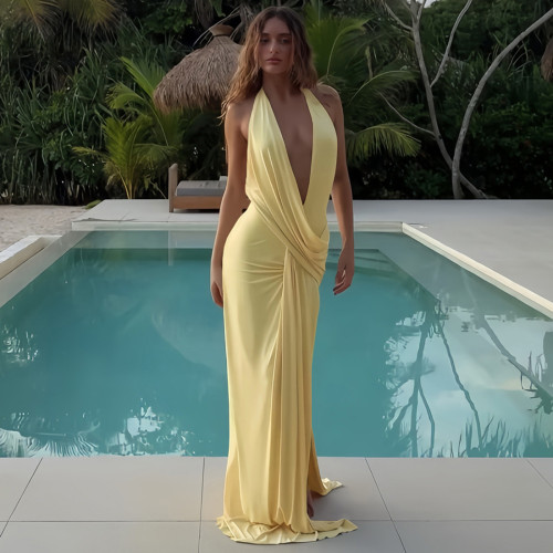 Sexy Deep V-Neck Halter Backless Slit Solid Color Floor-Length Dress
