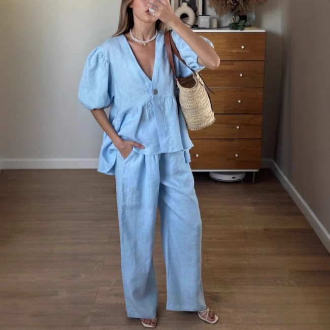 Solid Color Cotton V-Neck Top with Puff Short Sleeves and Long Pants Two-Piece Set