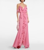 Pink Ruffled Long Dress with Side Slit and Deep V Neck Halter Backless