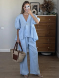 Solid Color Cotton V-Neck Top with Puff Short Sleeves and Long Pants Two-Piece Set