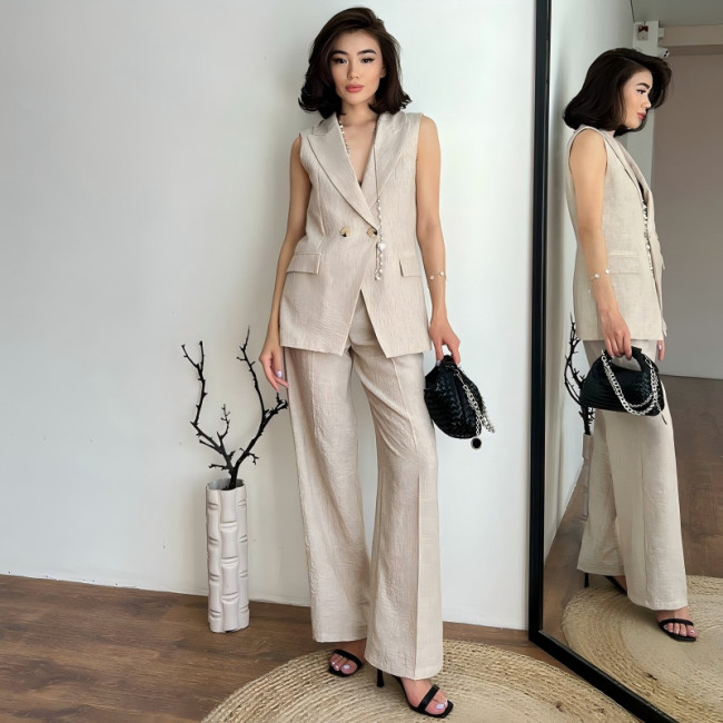 Linen Blend Sleeveless Vest Top with Wide Leg Pants Set