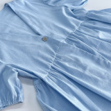 Solid Color Cotton V-Neck Top with Puff Short Sleeves and Long Pants Two-Piece Set