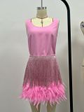 Elegant Two-Piece Evening Set with Sexy Fringe Feather Mini Skirt