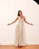 Elegant V-Neck Chiffon Maxi Dress with Lace Shoulder