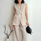 Linen Blend Sleeveless Vest Top with Wide Leg Pants Set