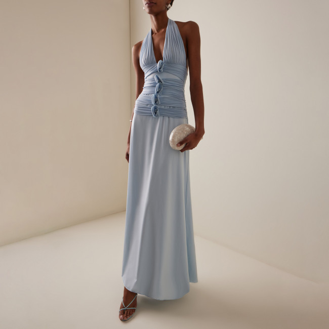 Elegant Floral Deep V Backless Maxi Dress