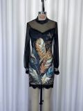 Sexy Lace Trim Floral Print Mesh Overlay Bodycon Mini Dress