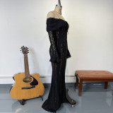Lace Hollow-Out Off-Shoulder Bell Sleeve Bodycon Dress