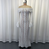Lace Hollow-Out Off-Shoulder Bell Sleeve Bodycon Dress