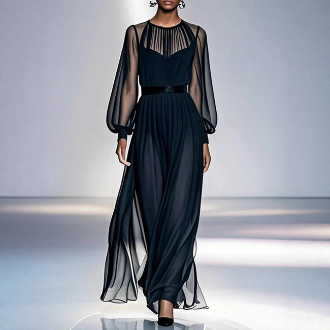 Elegant Black Waist-Cinching Two-Piece Mesh Dress