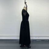 Elegant Black Waist-Cinching Two-Piece Mesh Dress