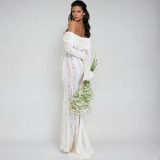 Lace Hollow-Out Off-Shoulder Bell Sleeve Bodycon Dress