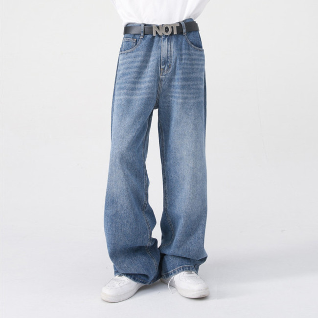 Loose-Fit Half Elastic Waist Straight-Leg Denim Pants