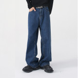 Loose-Fit Half Elastic Waist Straight-Leg Denim Pants