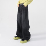 Loose-Fit Half Elastic Waist Straight-Leg Denim Pants