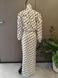 Polka Dot V-Neck Puff Sleeve Waist-Cinching Dress
