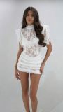 Fashionable High Neck Lace Bodycon Ruched Mini Dress