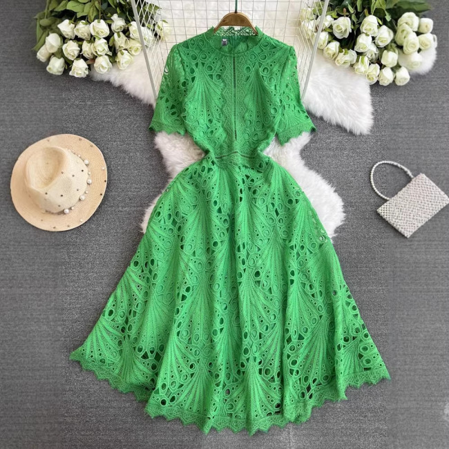 Elegant A-Line Lace Dress with Short Stand Collar