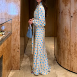 Polka Dot V-Neck Puff Sleeve Waist-Cinching Dress