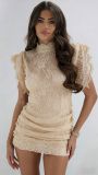 Fashionable High Neck Lace Bodycon Ruched Mini Dress
