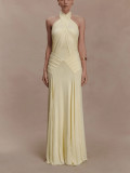 Slim Fit Halter Neck Backless Ruched Long Dress