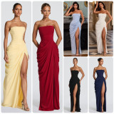 Asymmetrical Ruffled High Slit Strapless Dress
