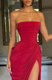 Asymmetrical Ruffled High Slit Strapless Dress