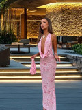 Sequin Sleeveless Halter Neck V-Neck Dress