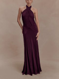 Slim Fit Halter Neck Backless Ruched Long Dress