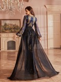 Long Sleeve Round Neck Bodycon Sequin Split Evening Dress
