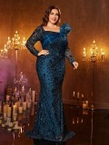Plus Size Long Sleeve Square Neck Bodycon Mermaid Sequin Evening Dress