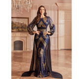 Long Sleeve Round Neck Bodycon Sequin Split Evening Dress
