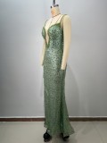 Strappy Green Beaded V-Neck Sequin Dress