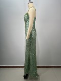 Strappy Green Beaded V-Neck Sequin Dress