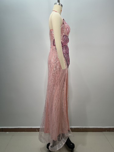 Fashion Pink Strapless Sequin Dress with Butterfly