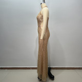 Gold Halter Neck Deep V-Back Dress