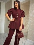 Elegant Commuter Puff Sleeve Asymmetrical Button Two-Piece Set