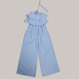 Elegant Commuter Tie Neck Backless Striped Jumpsuit