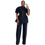 Elegant Commuter Puff Sleeve Asymmetrical Button Two-Piece Set
