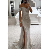 Sequin Off-Shoulder Slit Dress