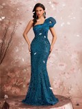 Sculpted Sequin One-Shoulder Mermaid Graduation Ball Gown