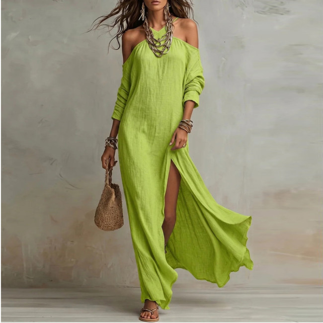 Elegant Solid Color Pleated Split Flax Dress