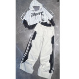 Letter Patchwork Color-Blocked Straight Pants with Drawstring Long Sleeve Top