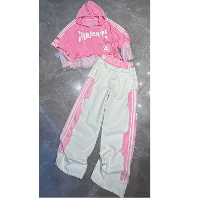 Letter Patchwork Color-Blocked Straight Pants with Drawstring Long Sleeve Top